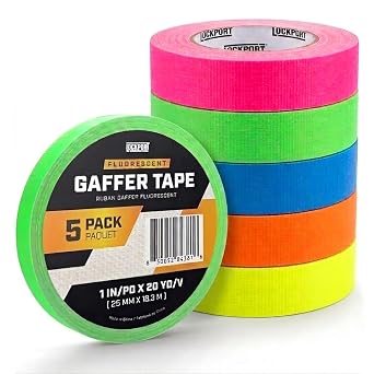 Lockport 5 Colors Gaffers Tape, Neon Spike Tape, Fluorescent Gaff UV Blacklight Glow, 1 Inch X 20 Yards Multicolored for Theater, Stage, Floor Marking, School