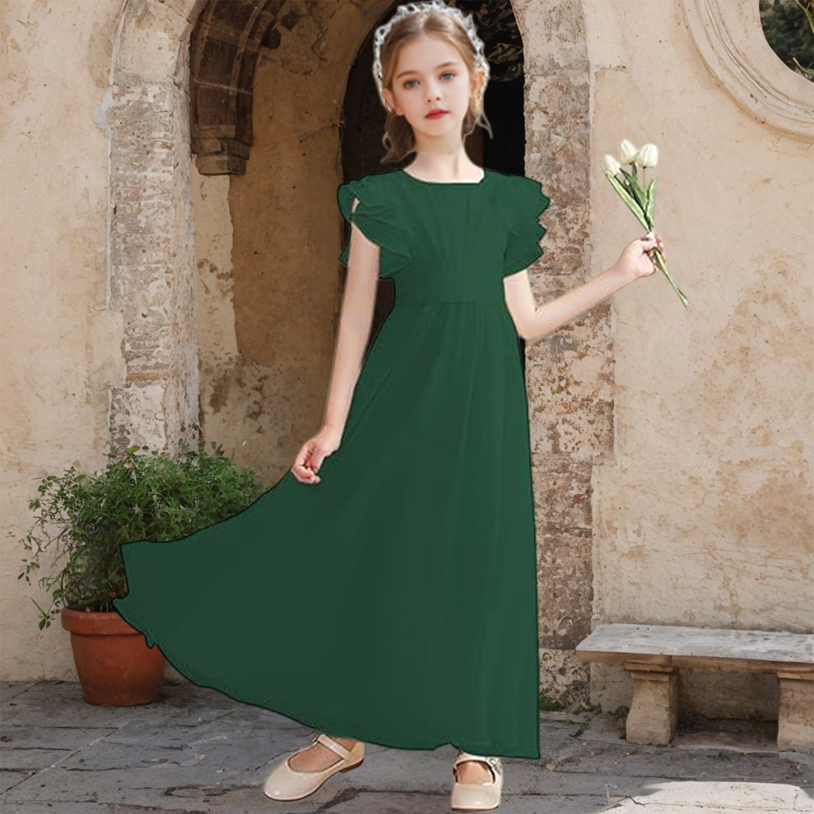 Abiti da ragazza di fiore Junior Abito da damigella d'onore Ragazze Abito da ballo Prom Bambini Flowy Manica a volant A-Line Pieghe Abiti da principessa Festa di compleanno Abiti da sposa