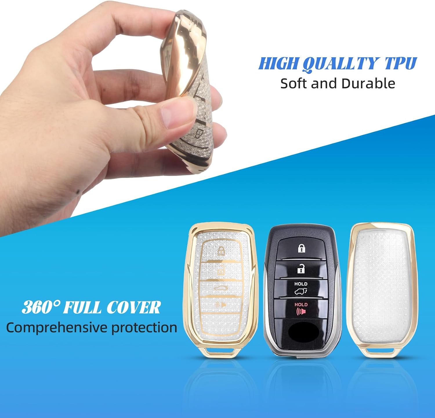 Key Fob Cover with Diamond Keychain for Toyota 4 Buttons(Gold-white) image 4