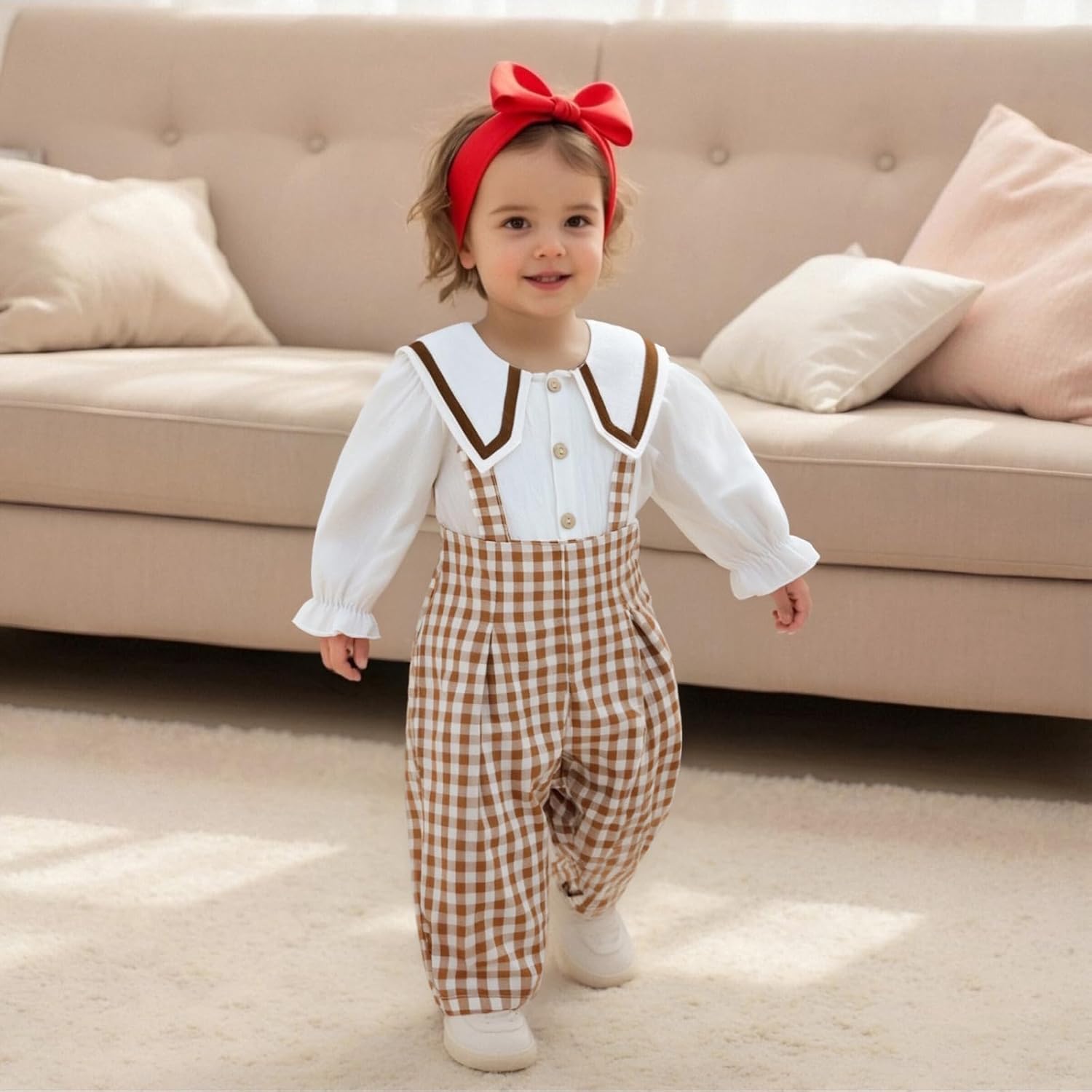 Newborn Baby Girl Clothes Button Linen Button Long Sleeve Romper Plaid Overall Pants Fall Winter Baby Girl Outfit - Image 3