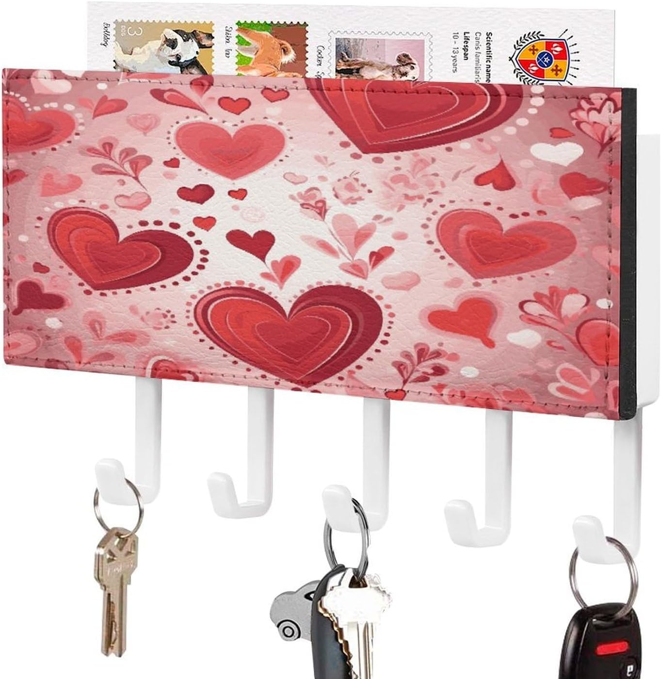 PU Leather Key Holder Wall Mount Key Organizer, Decorative Adhesive Key Rack with 5 Key Hooks, Fashion Valentine Pattern Key Hanger Decor for Entryway Door Bathroom Kitchen Hallway