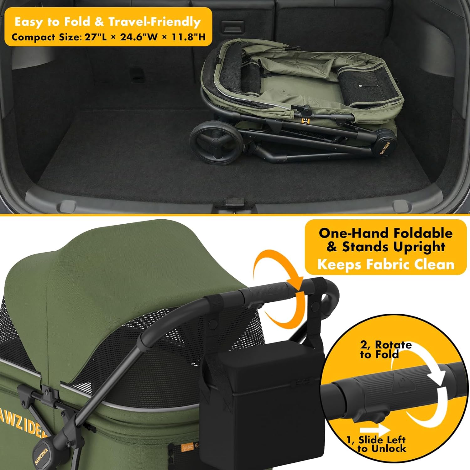 PAWZIDEA Dog Stroller for Large Dogs, Heavy Duty Pet Stroller for 2 Medium or Small Dogs Cats Up to 80lbs, No-Zip 180° Reversible Canopy Lockable, One-Hand Foldable Jogger 7" Wheels, Storage Organizer - Image 7