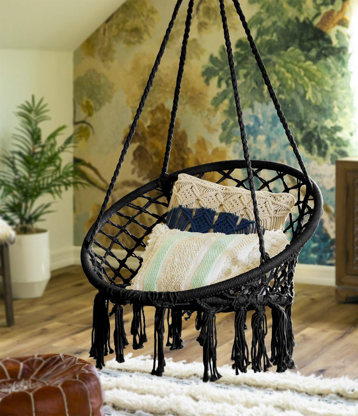 EMHammock Swing Chair Hanging Cotton Rope Macrame Chairs for Outdoor & Indoor, Home, Patio, Balcony, Living Room, Yard, Garden Furniture Nordic Style (Black)