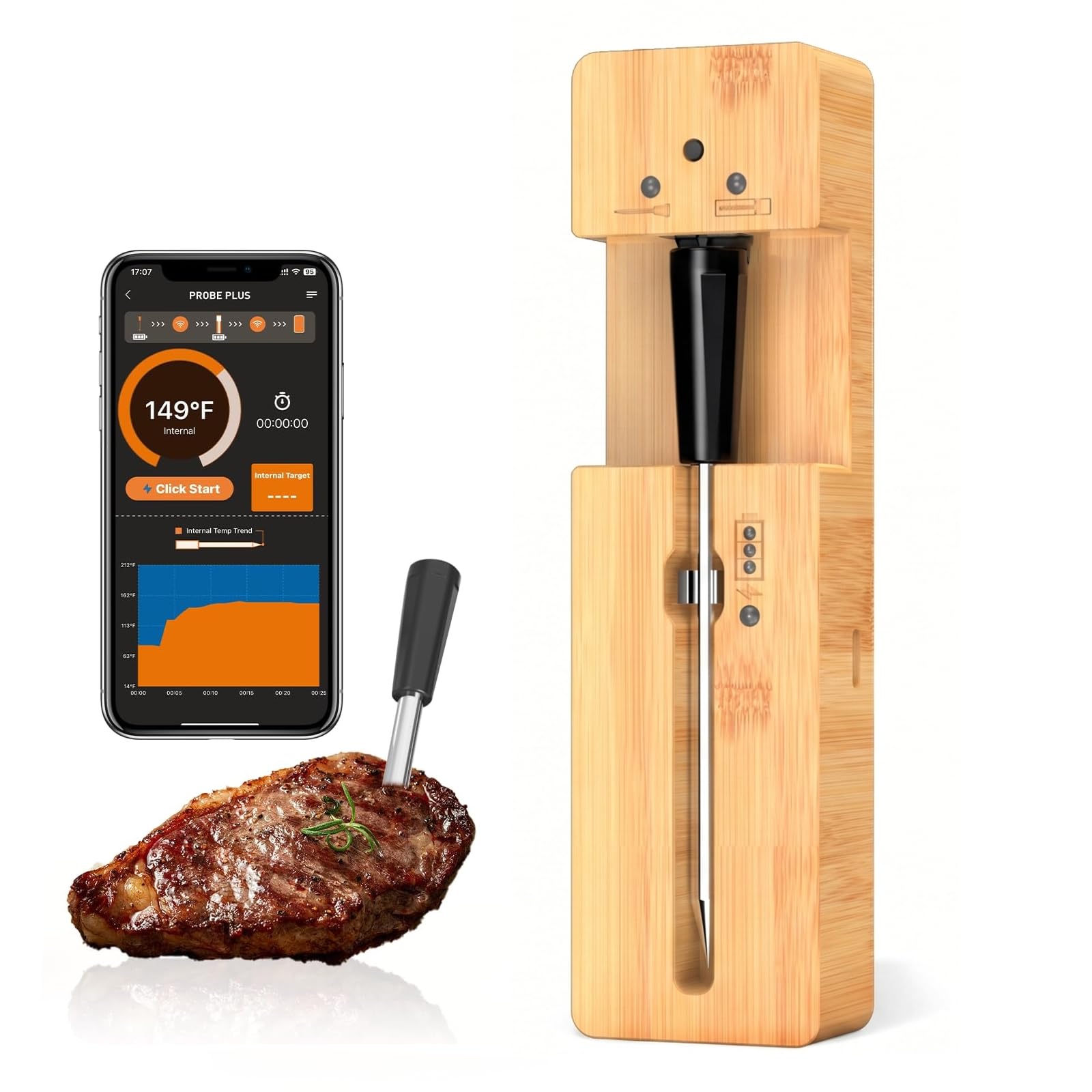 Bezprzewodowy termometr do mięsa ze sterowaniem za pomocą aplikacji, Bluetooth, bambusowy design, cyfrowy termometr do grilla (gotowy)