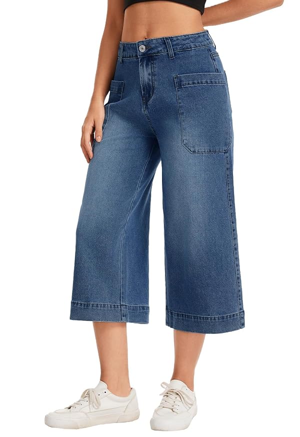 Metietila Womens Capri Jeans High Waisted Wide Leg Cropped Trousers Summer Casual Elastic Denim Pants Medium Blue Small by Metietila - Used condition - Image 2