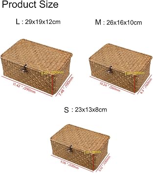 Seagrass Storage Basket, Handwoven Seagrass Basket with Lid, Rectangular Laundry Basket, Natural Storage Basket, Versatile for Hallway, Balcony, Sc, M
