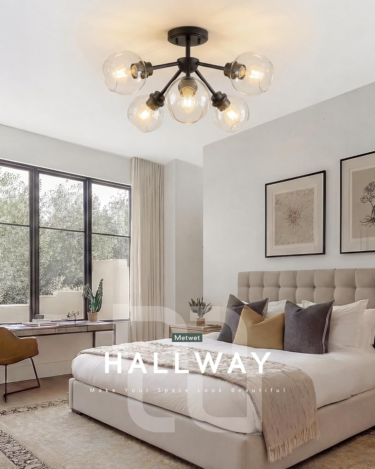 6-Light Semi Flush Mount Ceiling Light, 22" Modern Light Fixtures Ceiling Mount with Globe Clear Glass Shade, Matte Black Light Fixtures for Kitchen Entryway Bedroom, SM195-MB-6