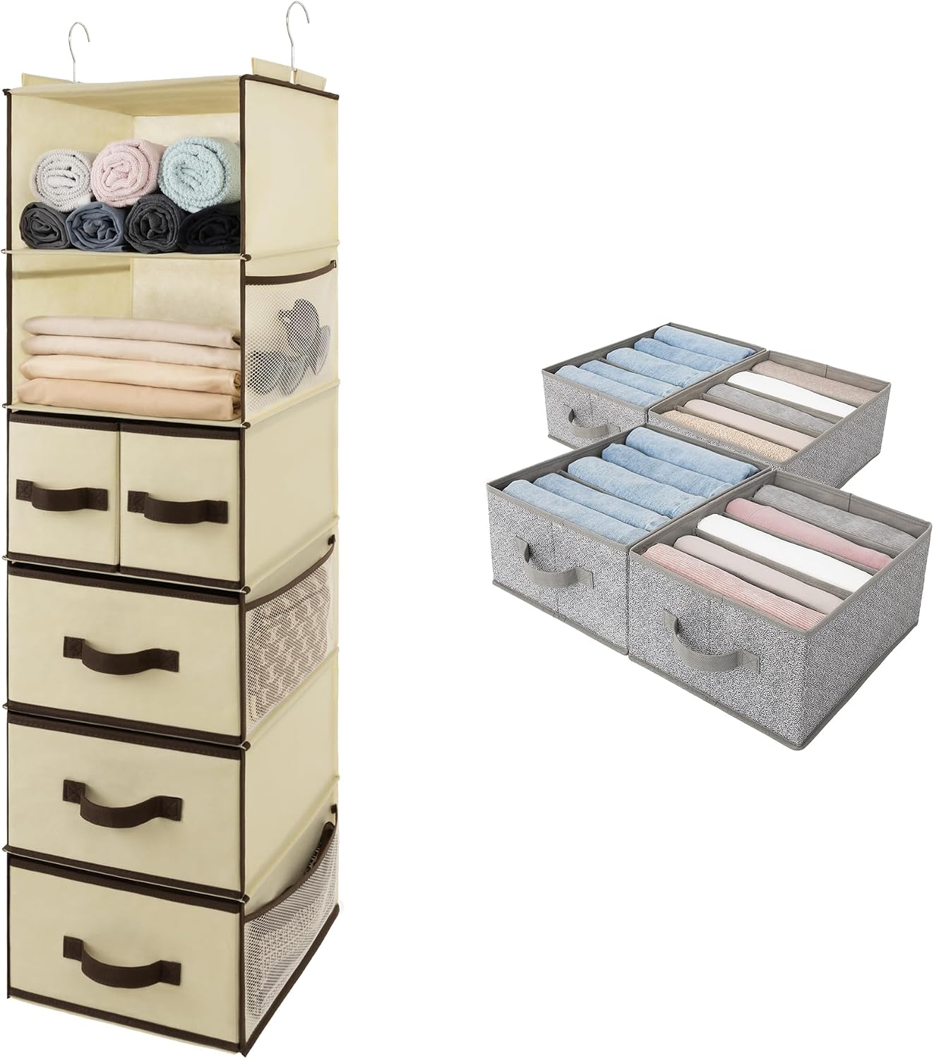 GRANNY SAYS Bundle of 1-Pack Brown 6 Shelf Inseparable Hanging Closet Organizer & 4-Pack Grey Drawer Organizers