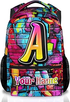 Kids Backpack - Personalized Backpack with Name - Graffiti Boys Schoolbag - 17 Inch Custom Monogram Back Pack for Primary Middle School