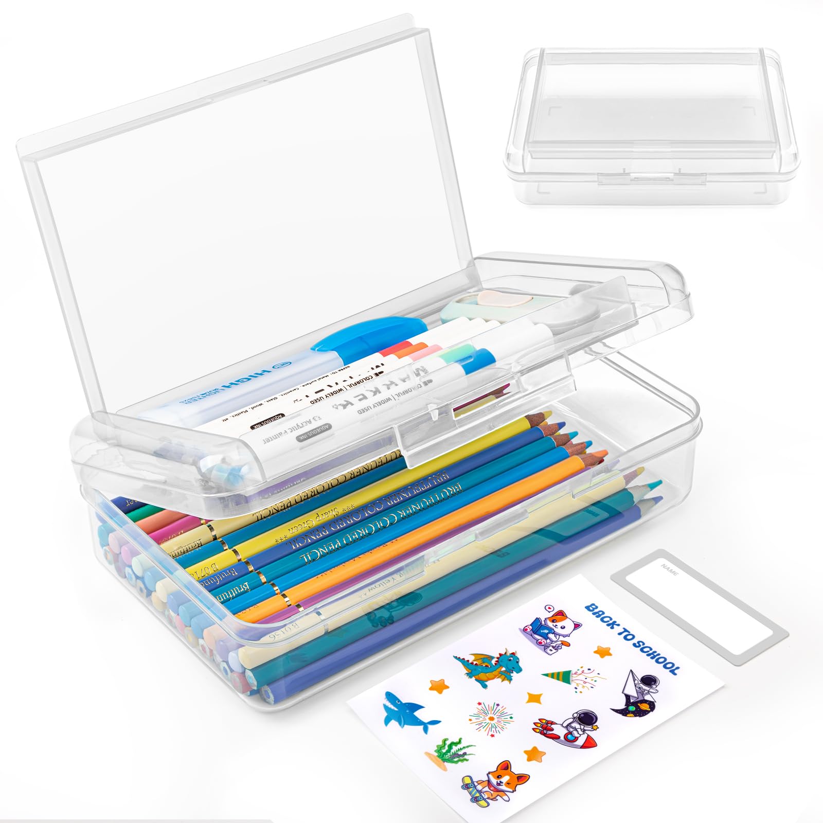 Double Layer Plastic Clear Hard Pencil Cases Box with Personalized sticker