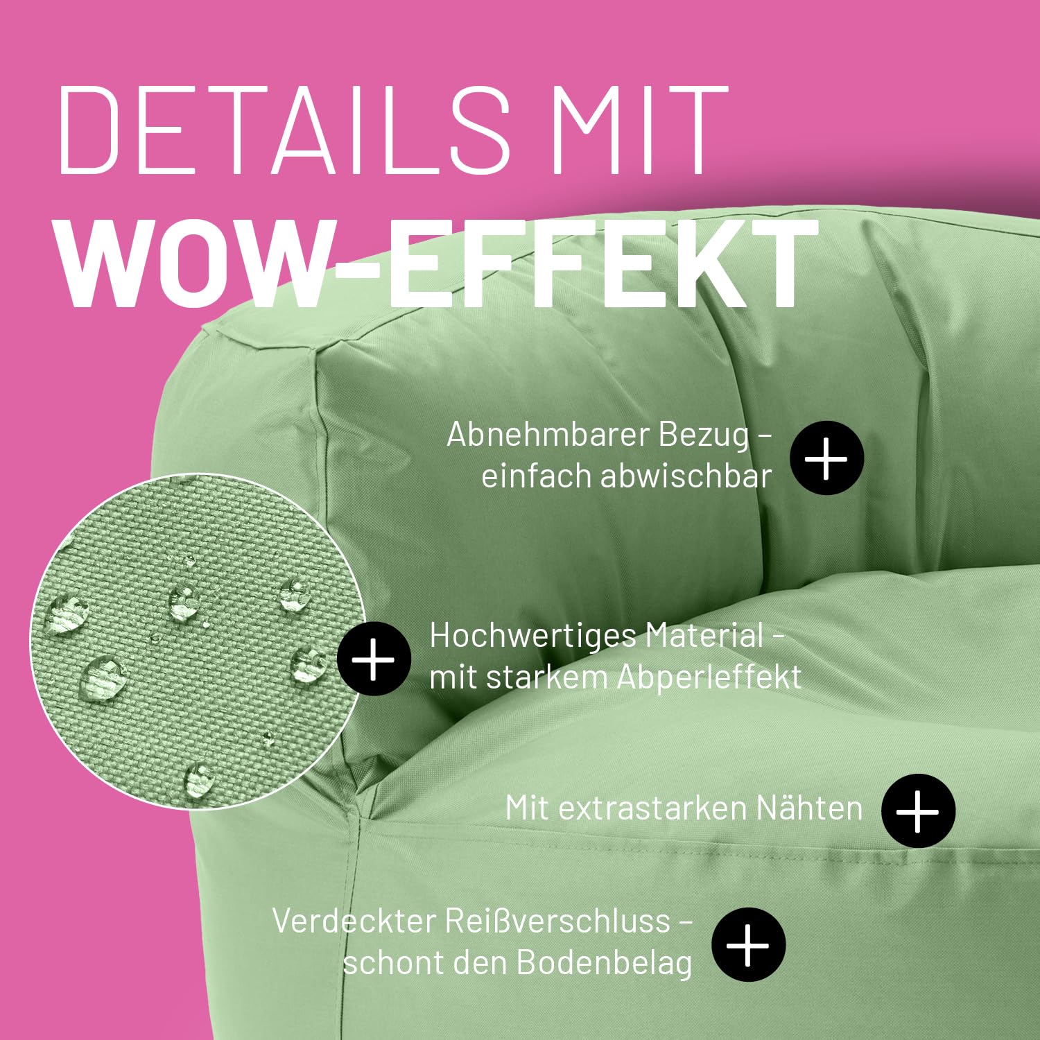 Lumaland Sitzsack Lounge 90x50 cm mit Rückenlehne wasserabweisend robust EPS-Füllung waschbarer Bezug Pastellgrün