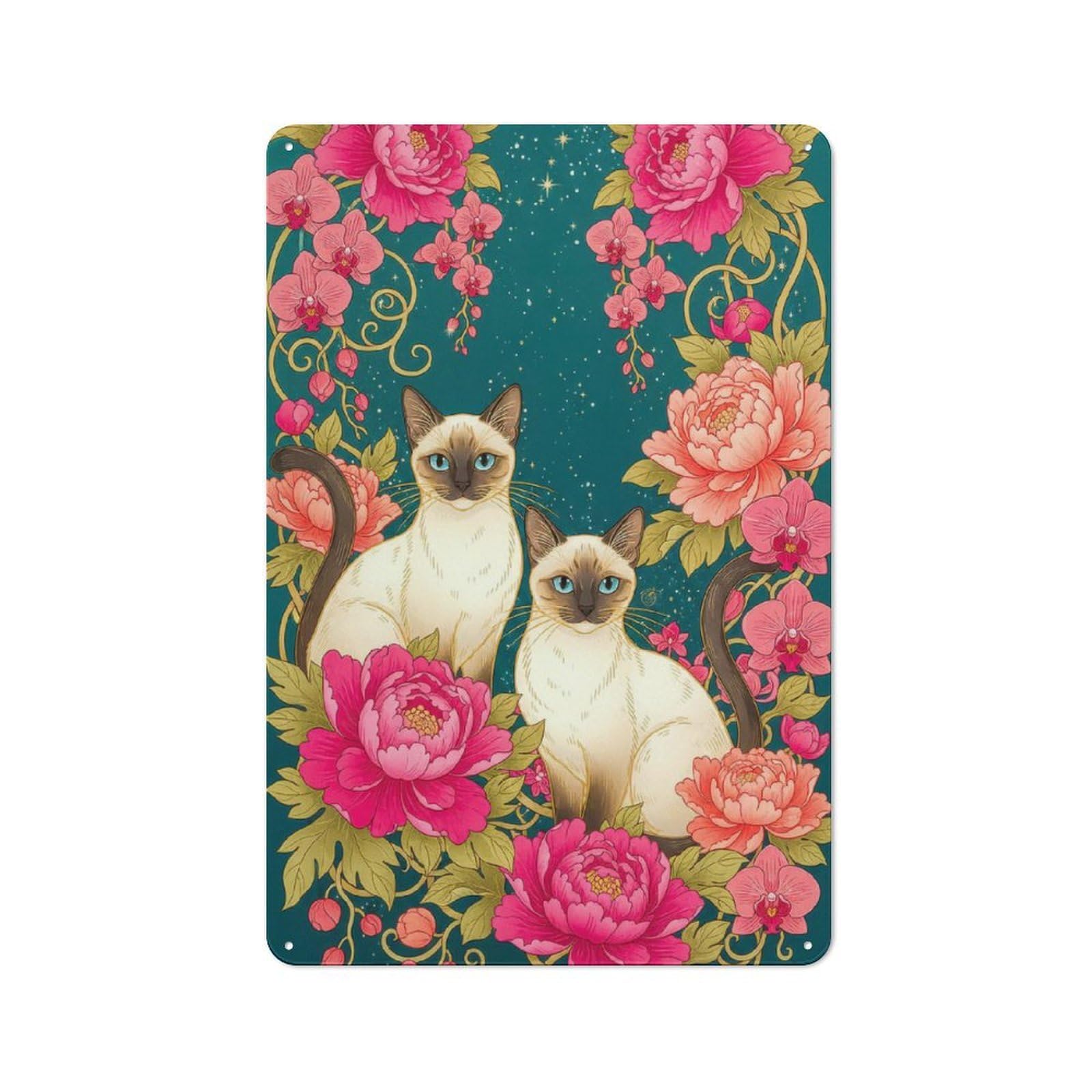 Metal Wall Sign 30x20cm Featuring Siamese Cats And Floral Arrangement for Workshop Wall, for Makers And DIY Enthusiasts