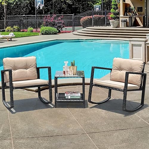 Miniatura 1 de SEASD Juego de conversación de ratán para patio, 3 piezas, mecedora, cojín acolchado para muebles de jardín