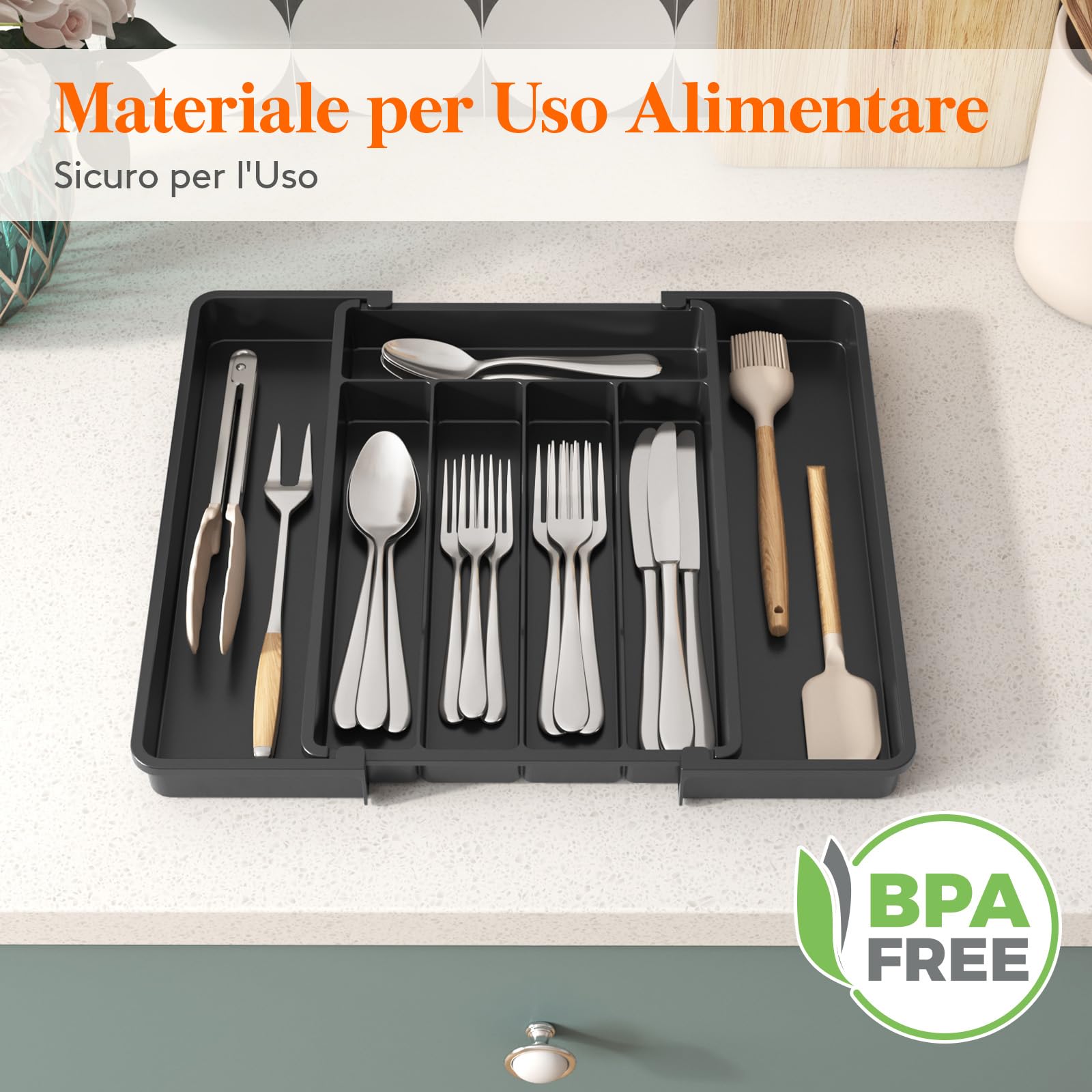Lifewit Portaposate da Cassetto, Organizer Cucina Espandibile, Porta Posate Regolabile in Resistente Plastica per Cucchiai e Forchette, Profondità 34cm, Estensione max 41 cm, 1 Pacchi, Nero