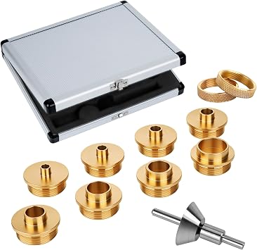 SpeTool 10-piece Solid Router Guide Brass Router Template Bushing Guide Set with Centering Pin&Cone for Porter Cable Style Router Sub Bases Includes Aluminum Carrying Case