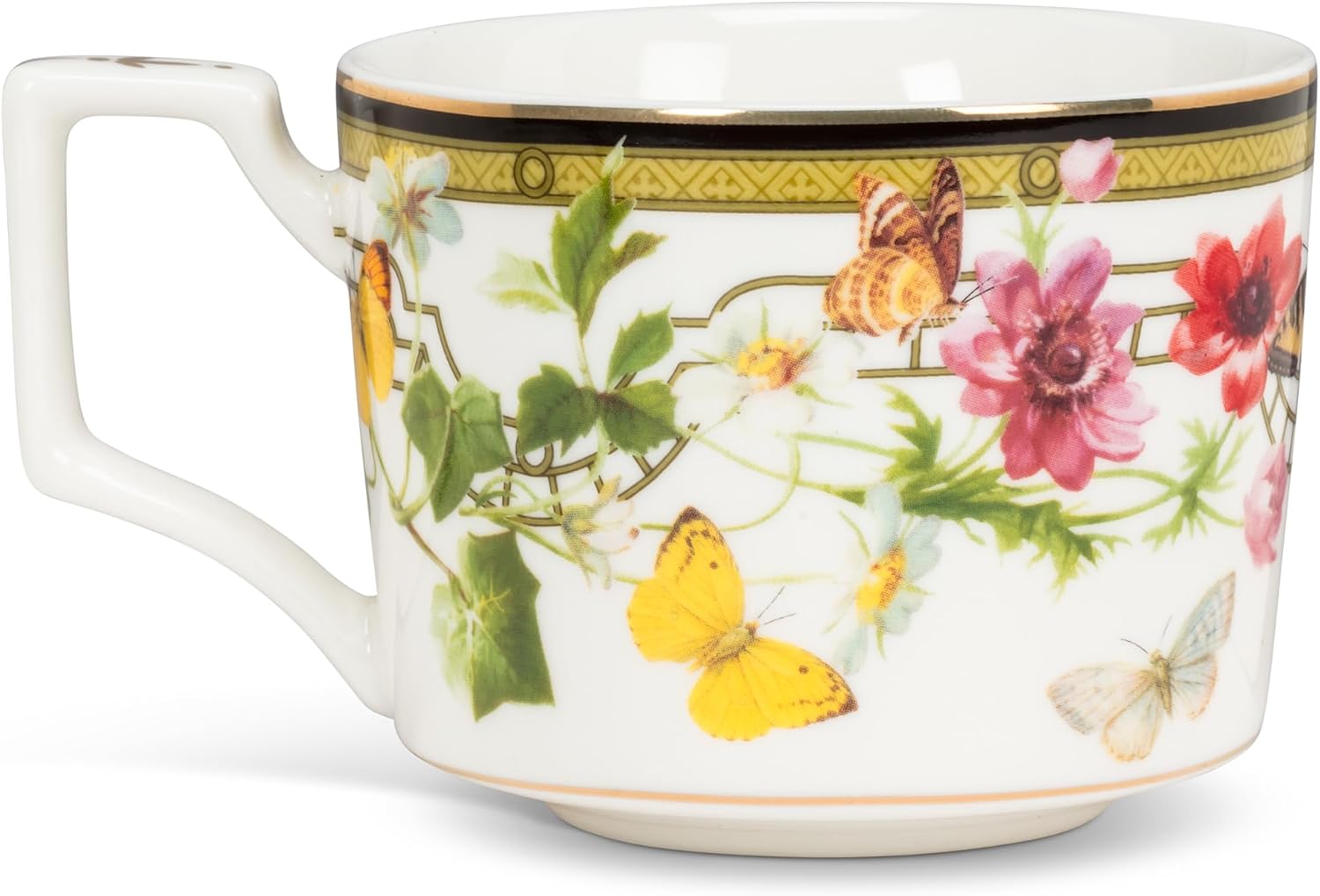 Abbott Collection Butterfly Garden Cup & Saucer | Bone China with Real Gold Rim, White/Green, 8oz, 3"H