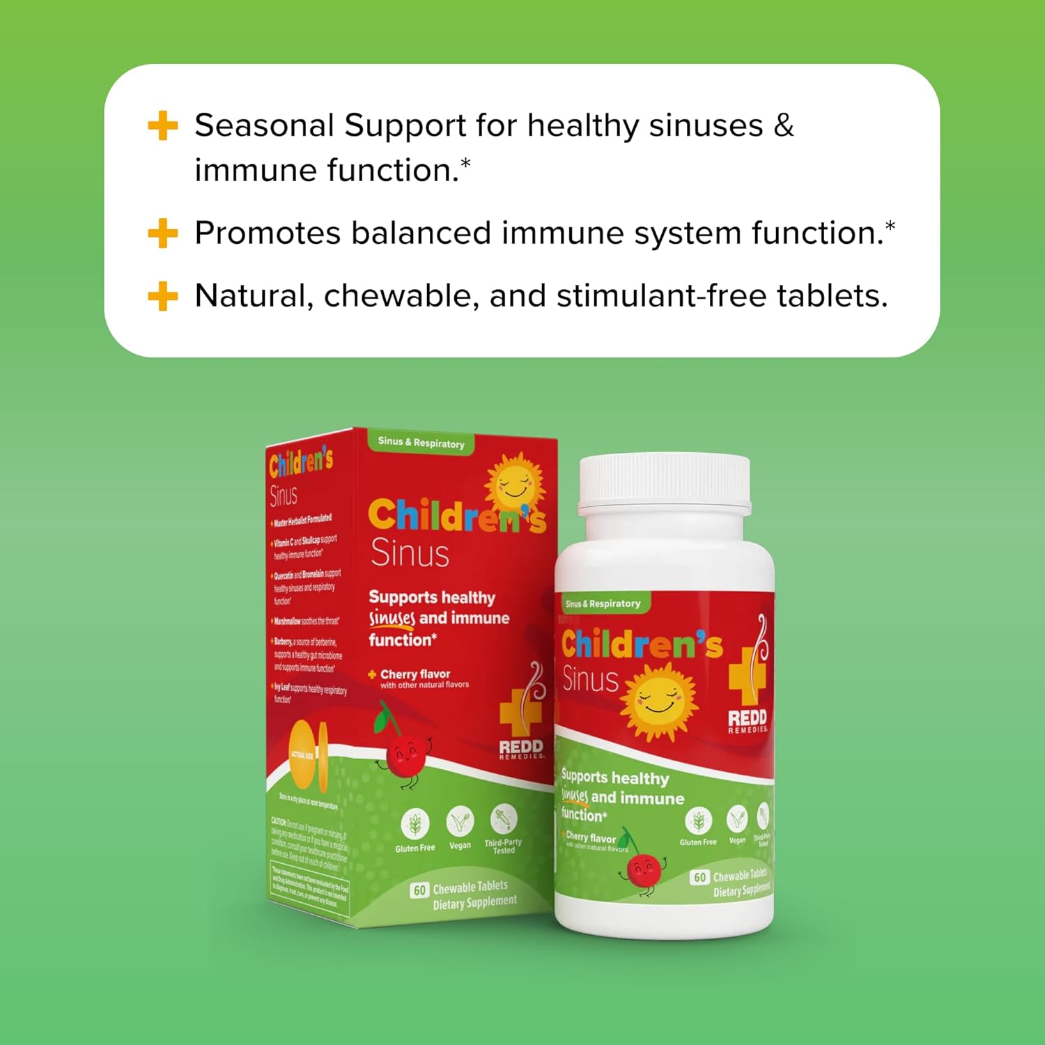 Redd Remedies, Children's Sinus Support, Immune and Respiratory Health Formula, Cherry Flavor, 60 Chewable Tablets