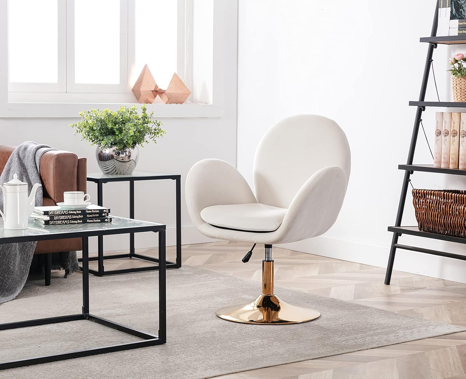 Loungesessel Höhenverstellbar 360°Drehbar Sessel, Schminkstuhl Drehstuhl Polsterstuhl mit goldenem Sockel aus Samt für Schlafzimmer Wohnzimmer Schminktisch, Beige