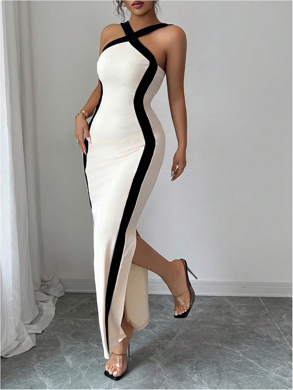 GORGLITTER Women's Open Back Bodycon Maxi Dress Halter Neck Side Split Color Block Crisscross Pencil Party Long Dress - Image 2