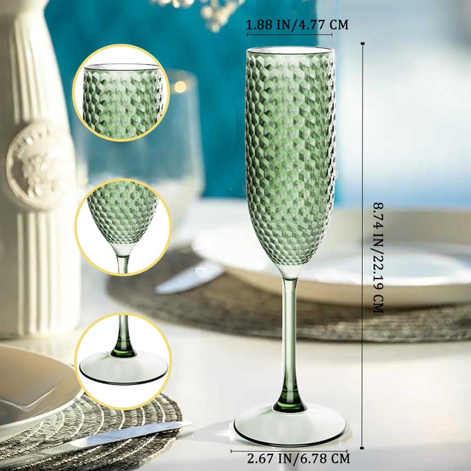 Plastic Champagne Flutes 7oz, Unbreakable Champagne Glasses Bulk, Reusable Crystal Drinking Wine Glasses for Valentine’s Day, Wedding, Chrismas, Party (24, Light Green) - Image 2