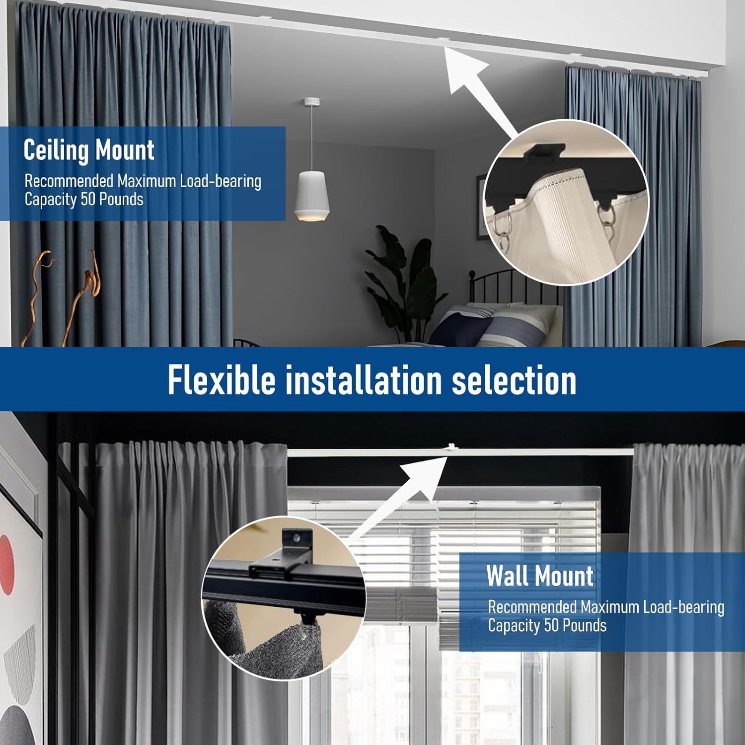 Ceiling Curtain Track kit 15FT Ceiling Curtain Track or Wall Black Heavy Duty Curtain Rail Room Divider Ceiling Track Set with Clips Suitable for Living Room Bedroom Bathroom