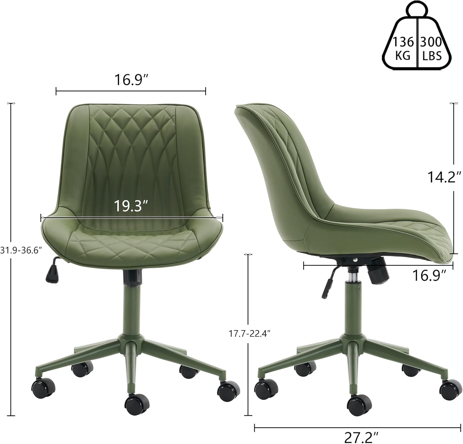 YOUNIKE Home Office Desk Chair with Wheels Armless Vanity Chair with Back Comfy Modern Leather Upholstered Rolling Task Chair Swivel Small Cute No Arms Wide Adjustable Ergonomic All Green - Image 2