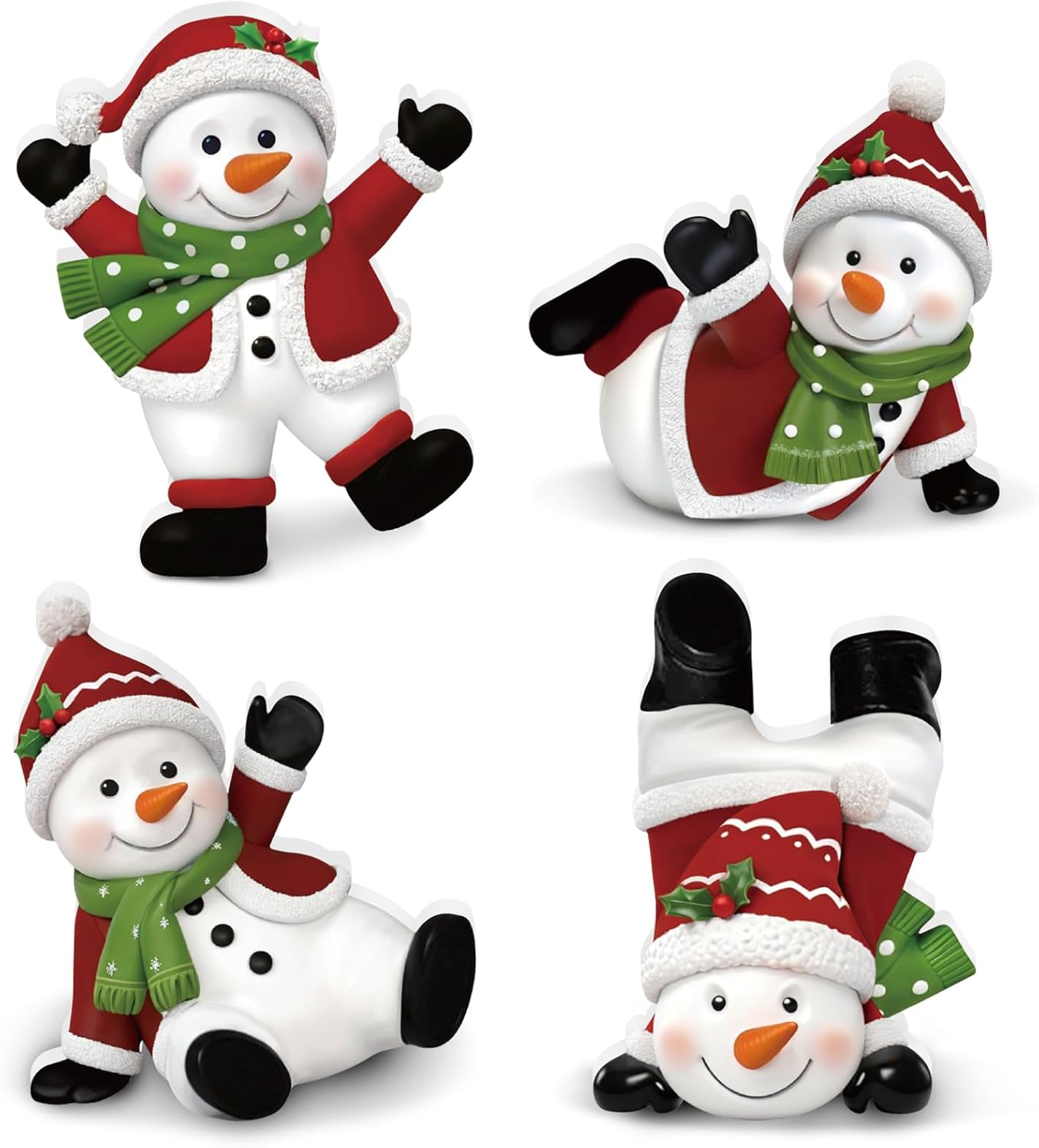 DoubleFill 4 Pcs Christmas Snowman Figurines Table Top Set Sitting Laying Standing Tabletop Decoration Wooden Snowman Statue Decor for Winter Holiday Mantle Desk Shelf Party Decoration
