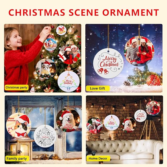 50 Pack Ceramic Sublimation Ornament Blank 3 inch Round Crafting DIY Personalized Printed Christmas Home Bulk White Porcelain Xmas Tree Crafts Decor