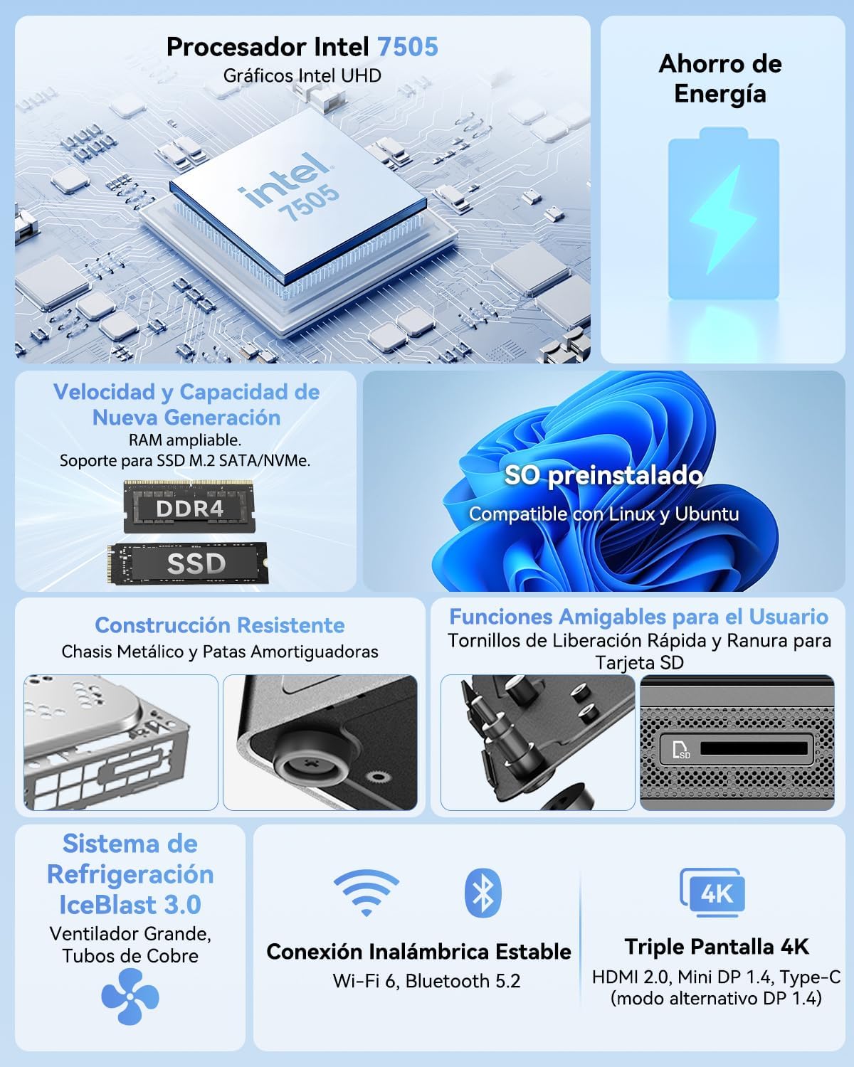 GEEKOM Air12 Mini PC 2026 con Intel Pentium Gold 7505(Supera al N5095) | 8GB RAM, 256GB SSD, Mini Ordenador con Ranura SD, 2xUSB-C, Gigabit Ethernet, Ordenador Compacto para Negocios y Uso Doméstico 3