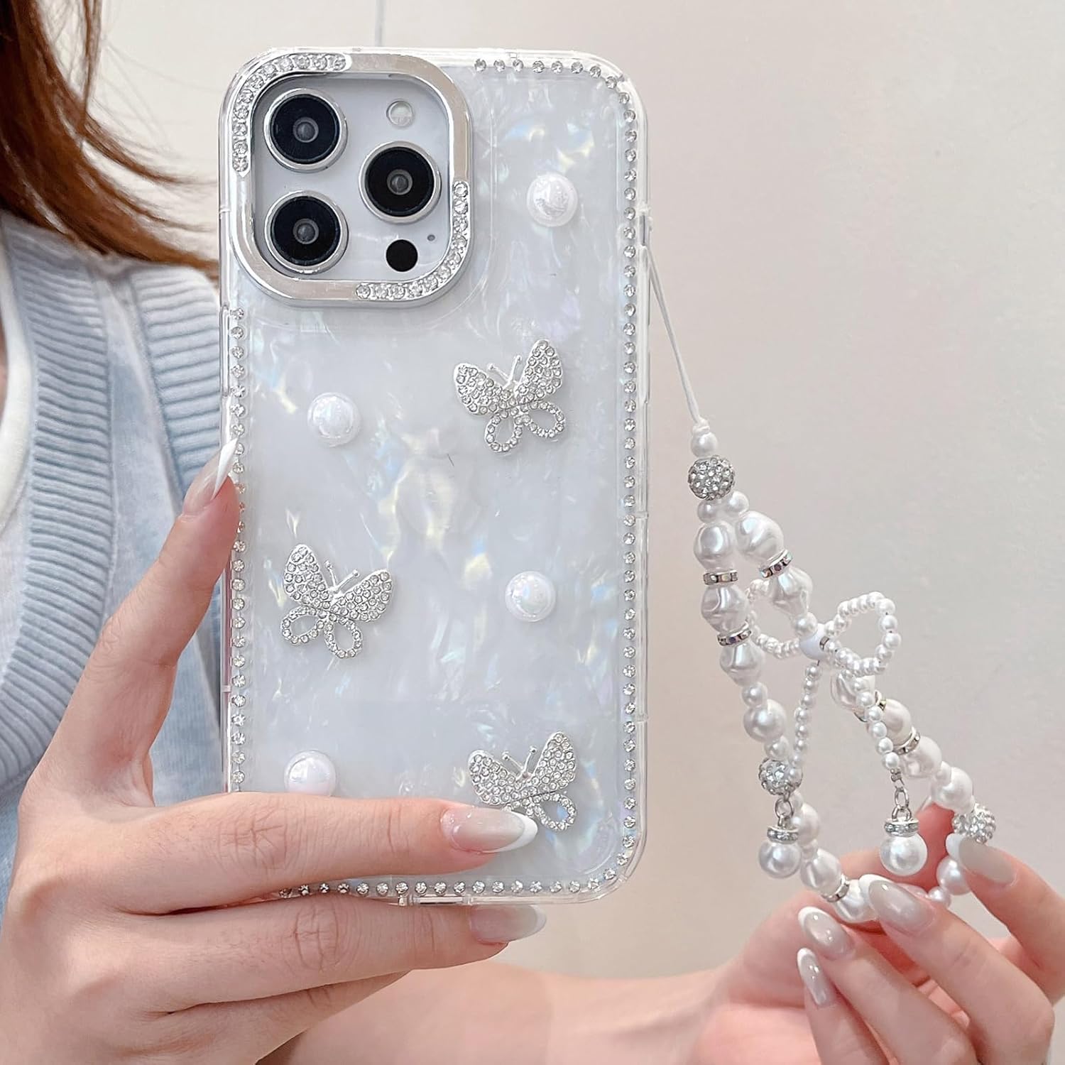 for iPhone 17 Pro Max Glitter Butterfly Case,Cute Girly 3D Pearl Crystal Diamond Bling Sparkle with Wrist Strap Chain Soft TPU Aesthetic Women Girl Phone Case for iPhone 17 Pro Max 6.9",White - Image 3