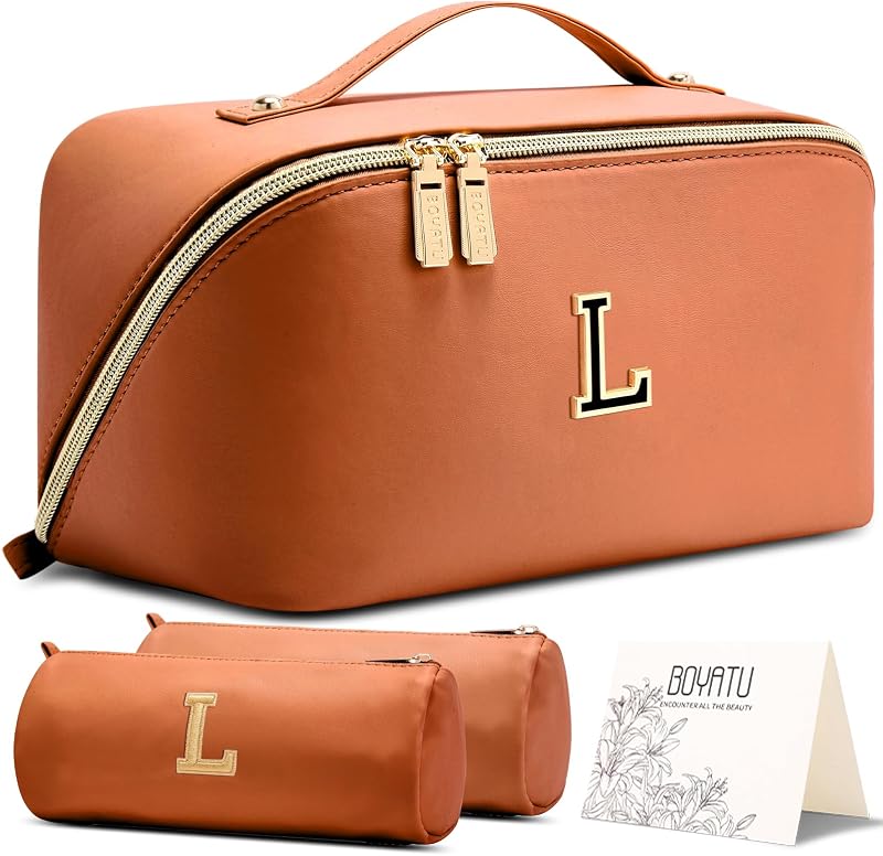 Necessaire de maquiagem BOYATU personalizada com letra, 3 peças, marrom