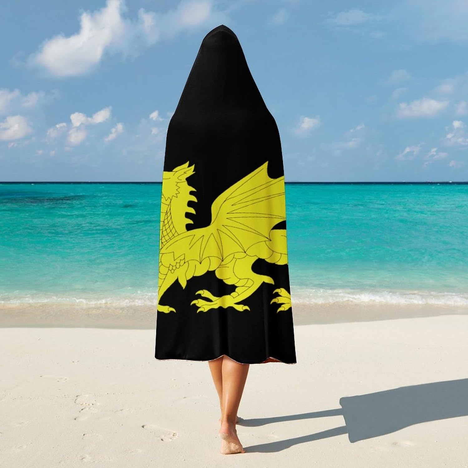 Gold Welsh Dragon Flag Wearable Blanket Oversized Throw Cape | Cozy Hooded Blanket Gifts for Women Men