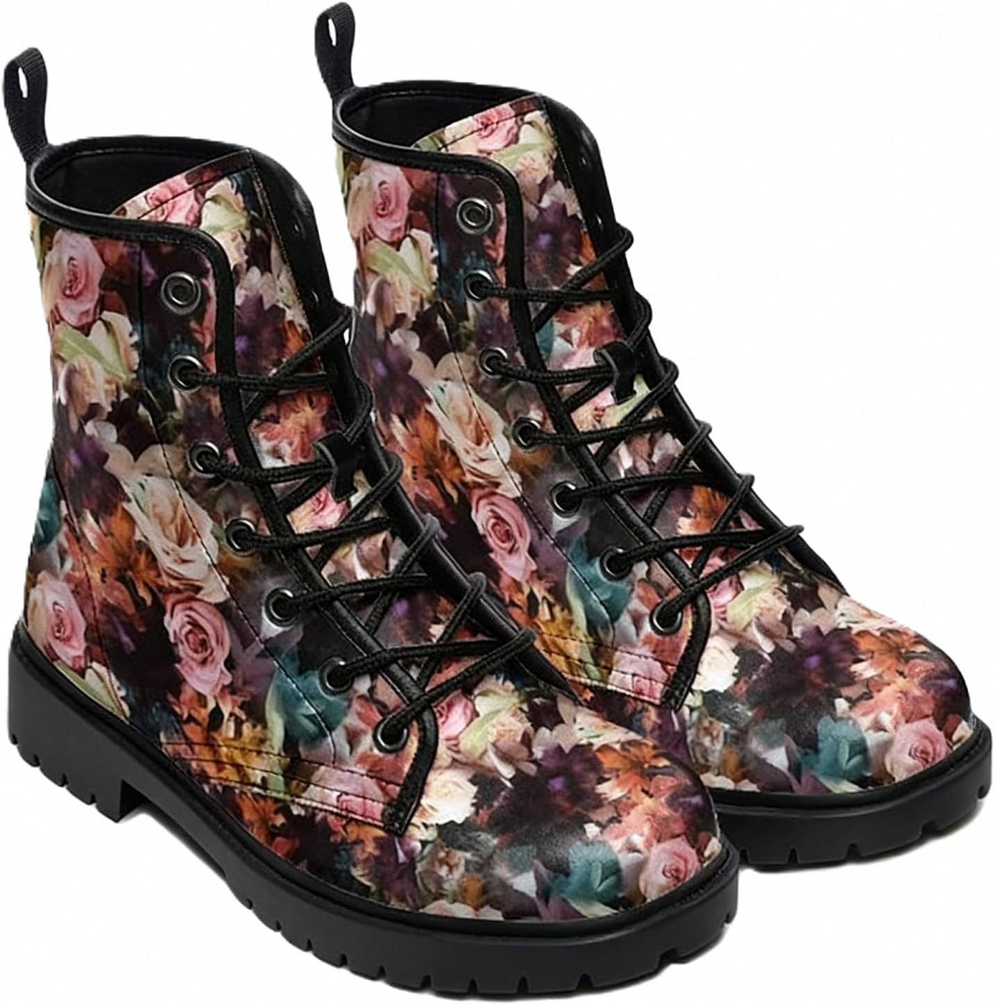Women Printed Ankle Boots with Flowers Rose Skull Stylish Colorful Casual Platform Leather Combat Floral Booties Travel Everyday Party Halloween Christmas