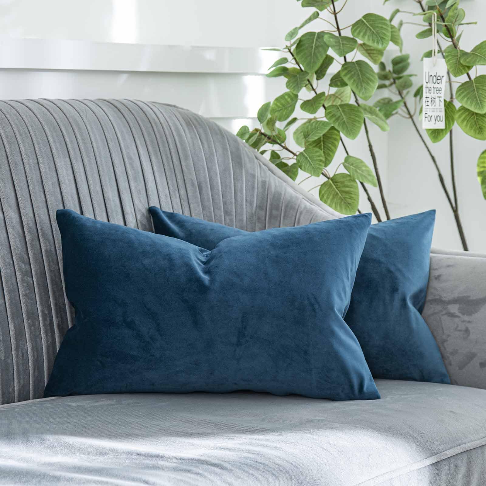 QUAFOO Light Navy Decorative Lumbar Velvet Throw Pillow Covers 16x24 inch Set of 2 with Zipper Luxury Soft Solid Rectangle Cushion Covers Case for