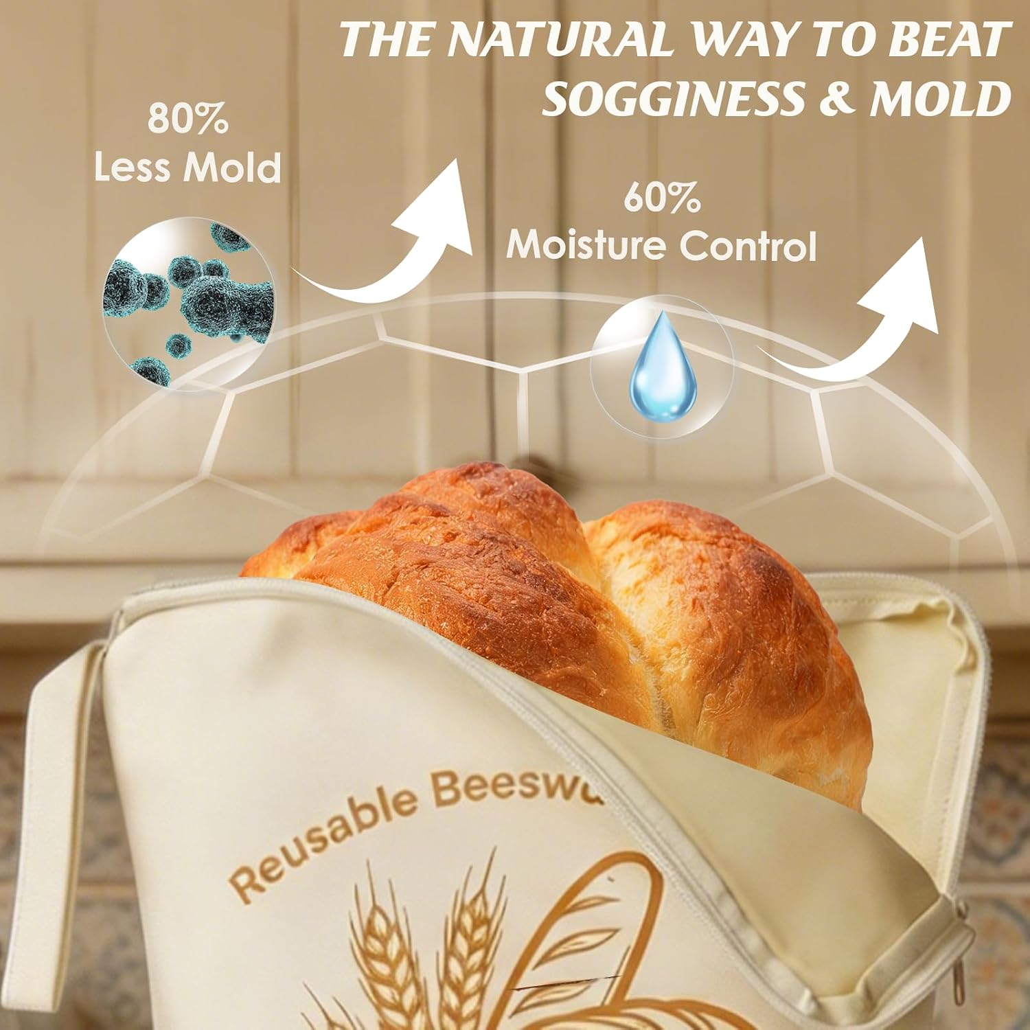 2 Pack Reusable Beeswax Bread Bags with Wide L-Shaped Zipper for Homemade Bread Sourdough - 17x13 Large Organic Cotton Linen Storage Bag - Moisture Lock Keeps Bread Fresh, Easy to Clean