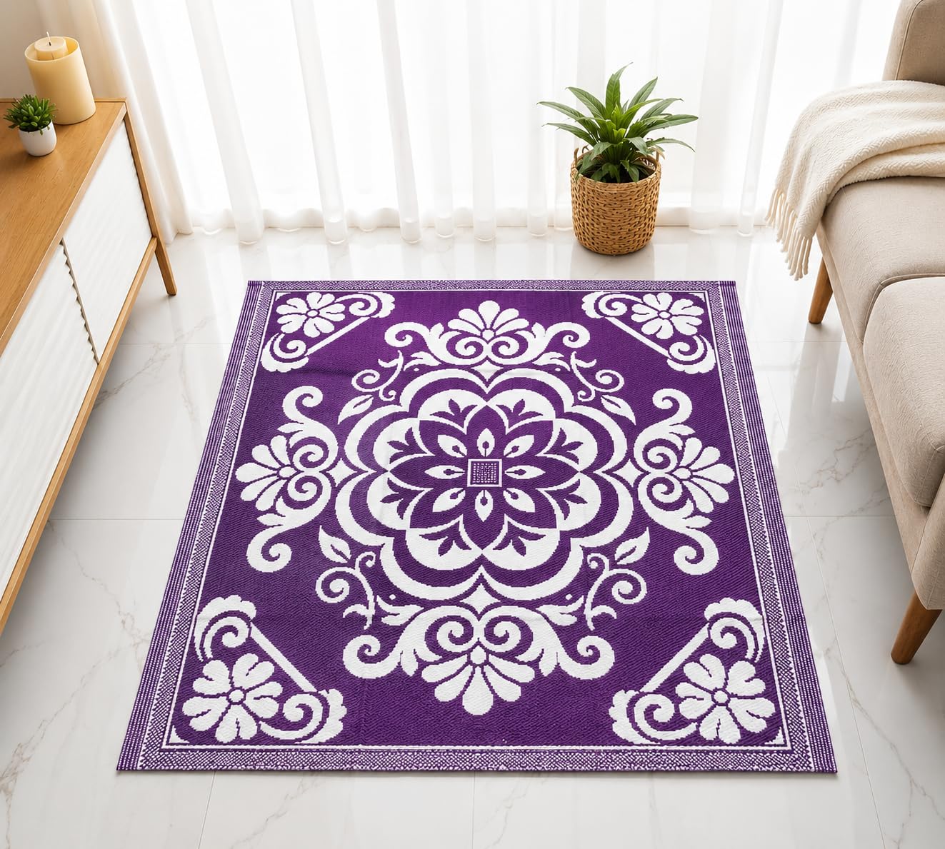 Premium Floor Mat, Purple & White Floral Mandala Design (Purple and white) | Multipurpose, Waterproof, Lightweight & Durable | Indoor & Outdoor Use (Purple And White, 6 x 6) | (L 180 cm X W 180 cm)-image-32