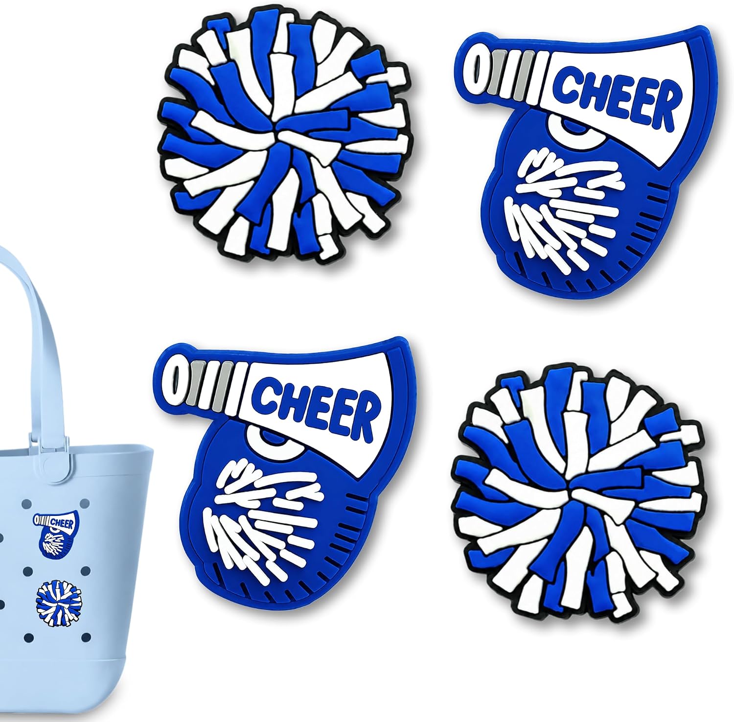 Blue Cheerleading Sport Charms for Bogg Bag Accessories, Set of 4 PVC Rubber Inserts, Cute Cheer Beach Bag Charms Compatible with Rubber Tote Bags for Women Girls