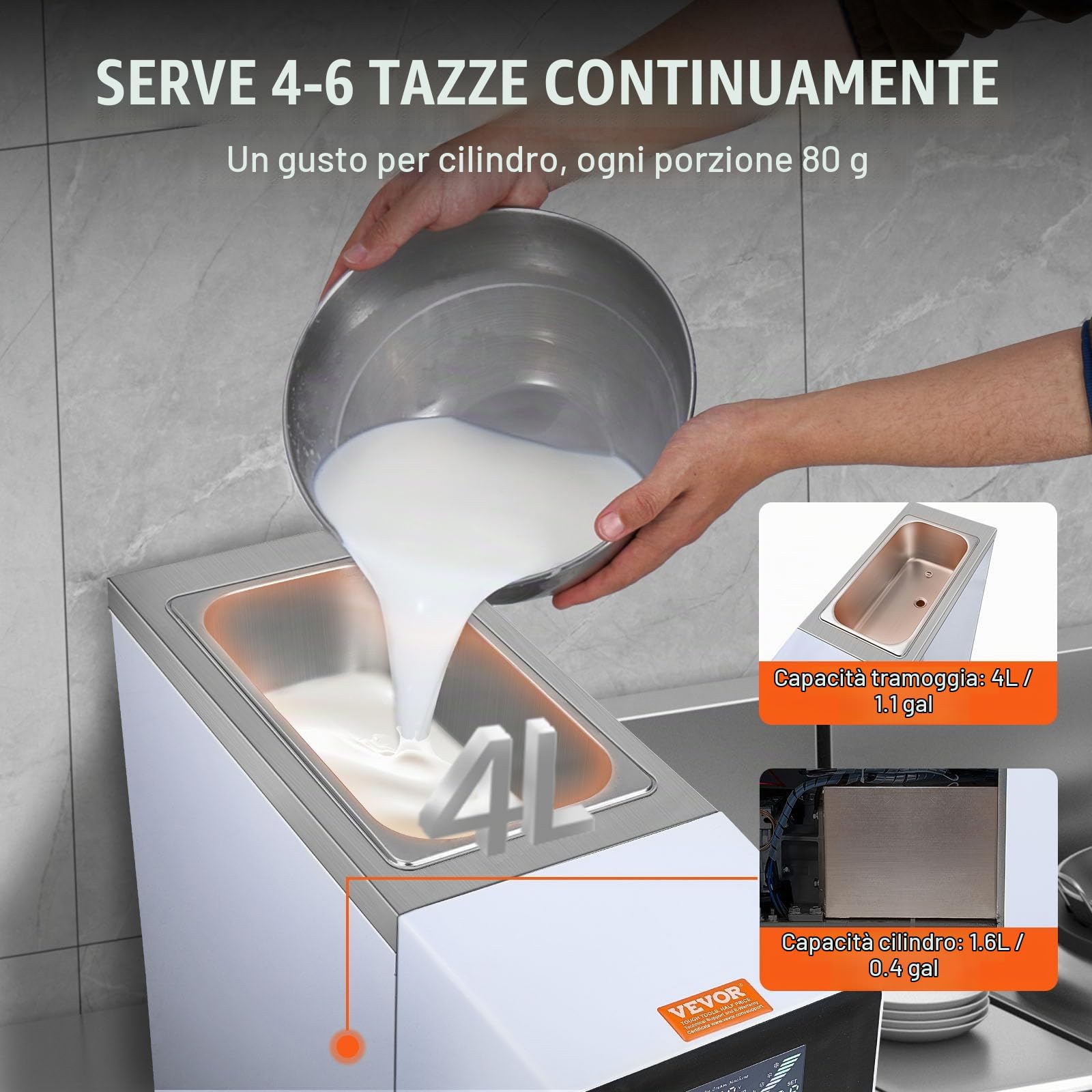 VEVOR Macchina per Gelato Morbido Commerciale, Resa 10 L/H, Macchina per Gelato Soft da Banco 900 W Monogusto, Tramoggia da 4 Litri Cilindro da 1,6 L, Pannello LCD Autopulente, Bar, Ristorante, Hotel