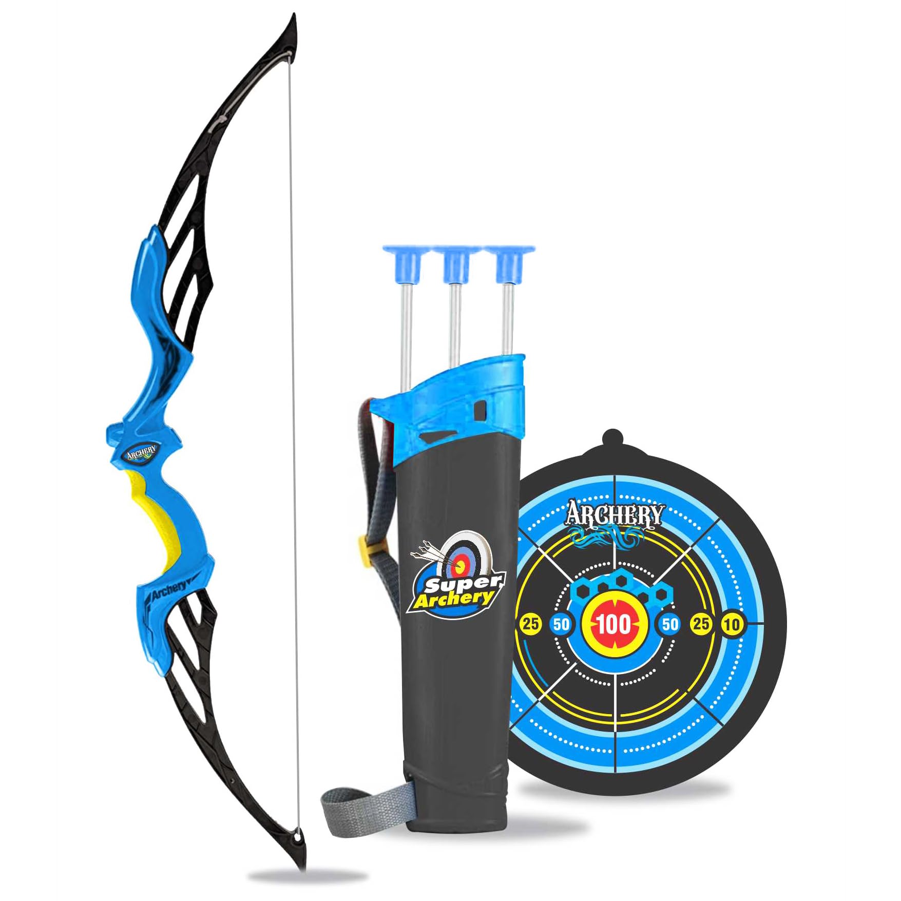 Planet of Toys Super Archery Set for Kids with Bow and Arrow Set with Dart Target Board, Colourful with 3 Suction Cup Tip Arrows - Blue