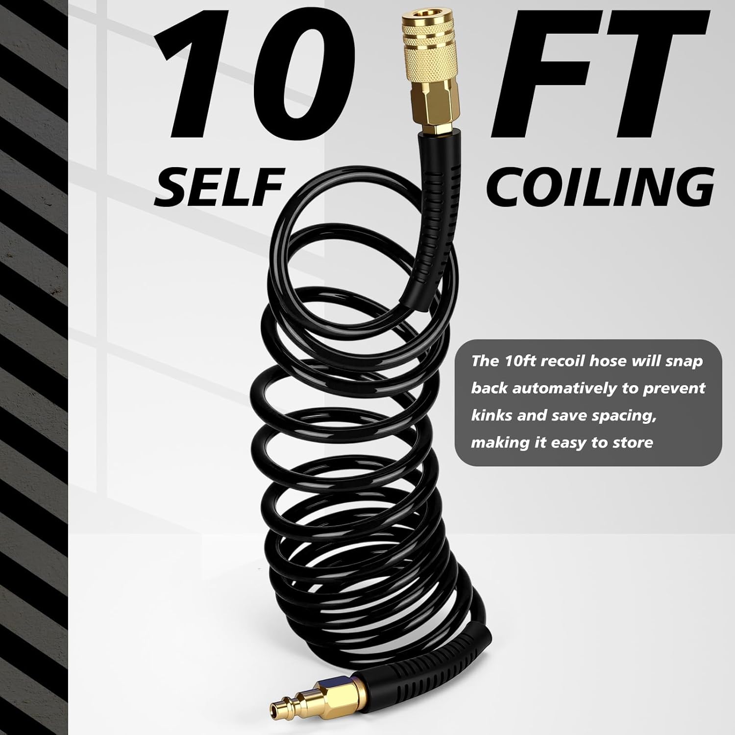 Flutesan 10 Pack 1/4 in x 10 ft Polyurethane Recoil Air Hose Air Compressor Hose Flexible Coiled Line with Bend Restrictor 1/4" Industrial Quick Coupler and Plug for Household Garage Station (Black)