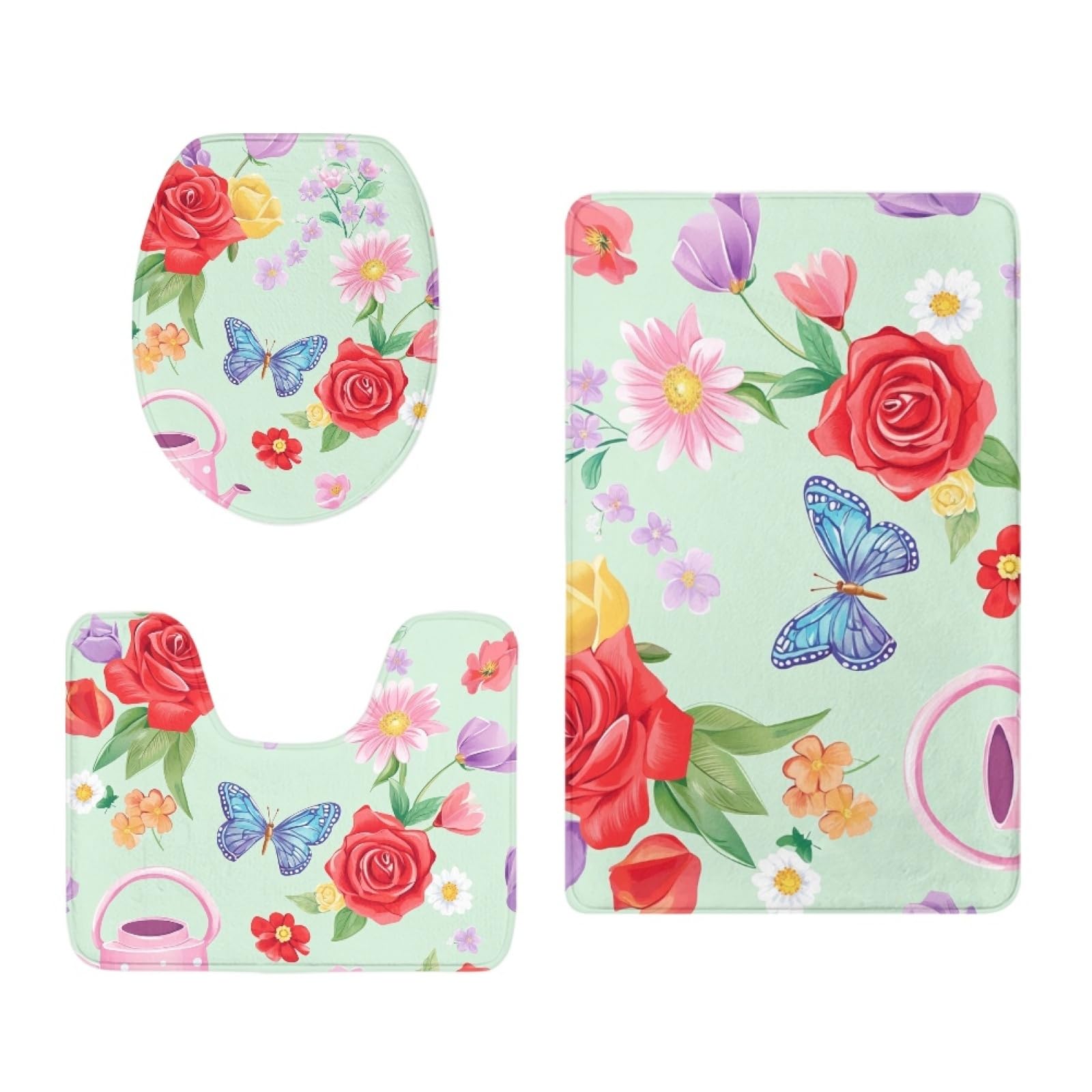 Tapis de bain papillon fleur rouge ensemble WC 3 pièces en mousse à mémoire de forme