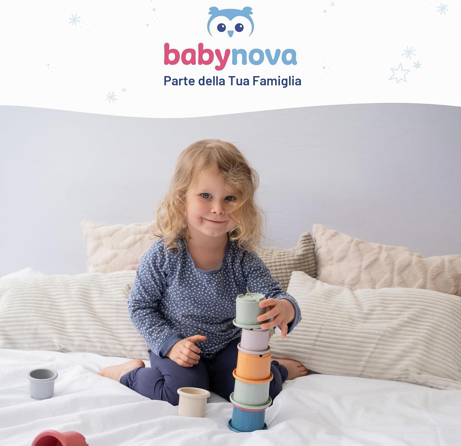 babynova Catenella portaciuccio con cinturino in tessuto, clip e anello in silicone – Portaciuccio per neonati – Adatto a qualsiasi ciuccio – Essenziale per neonati – Senza BPA – Blu