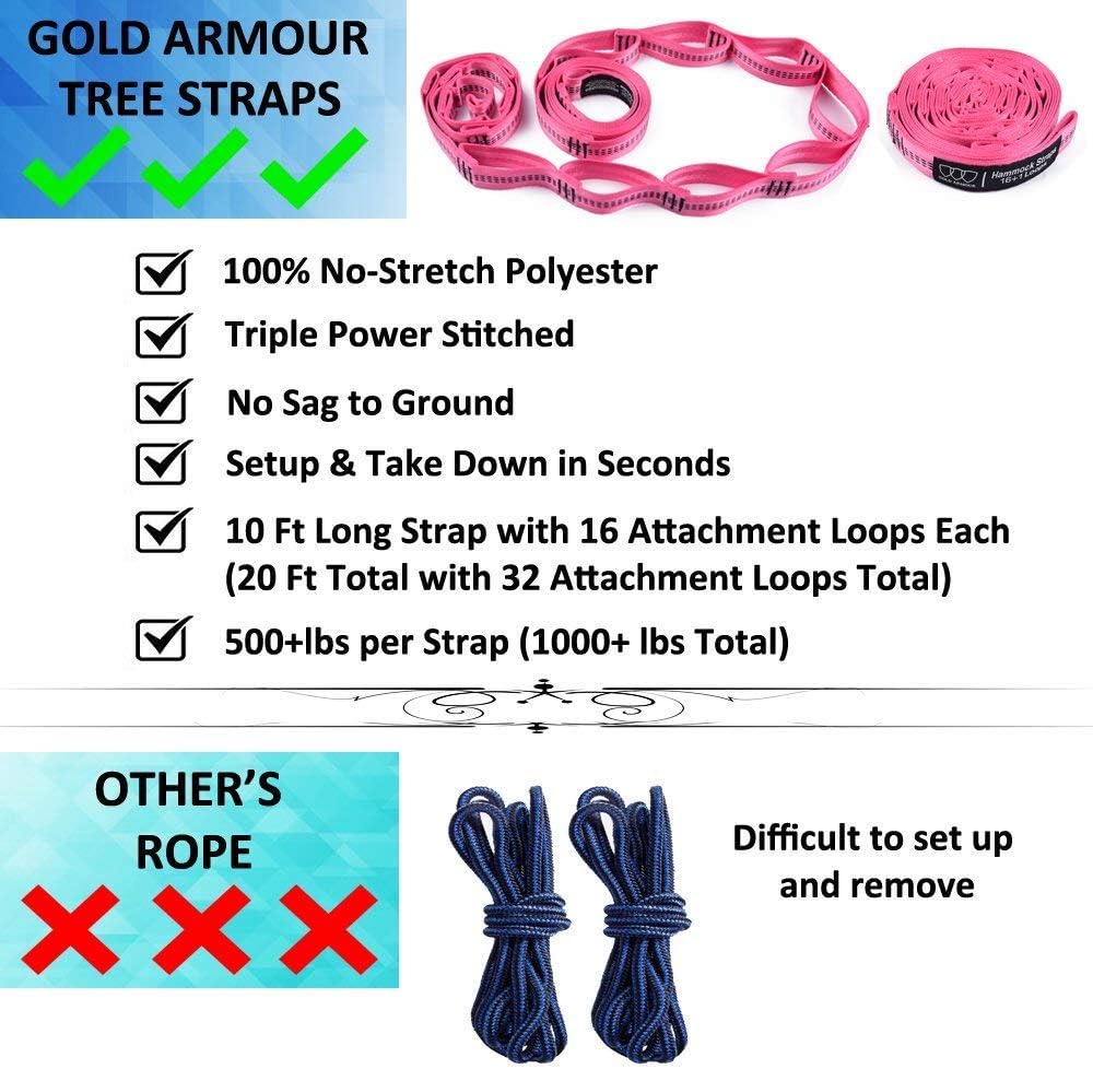 Gold Armour Camping Hammock - XL Double Hammock Portable Hammock Camping Accessories Gear for Outdoor Indoor with Tree Straps, USA Based Brand (Peach and Pink)