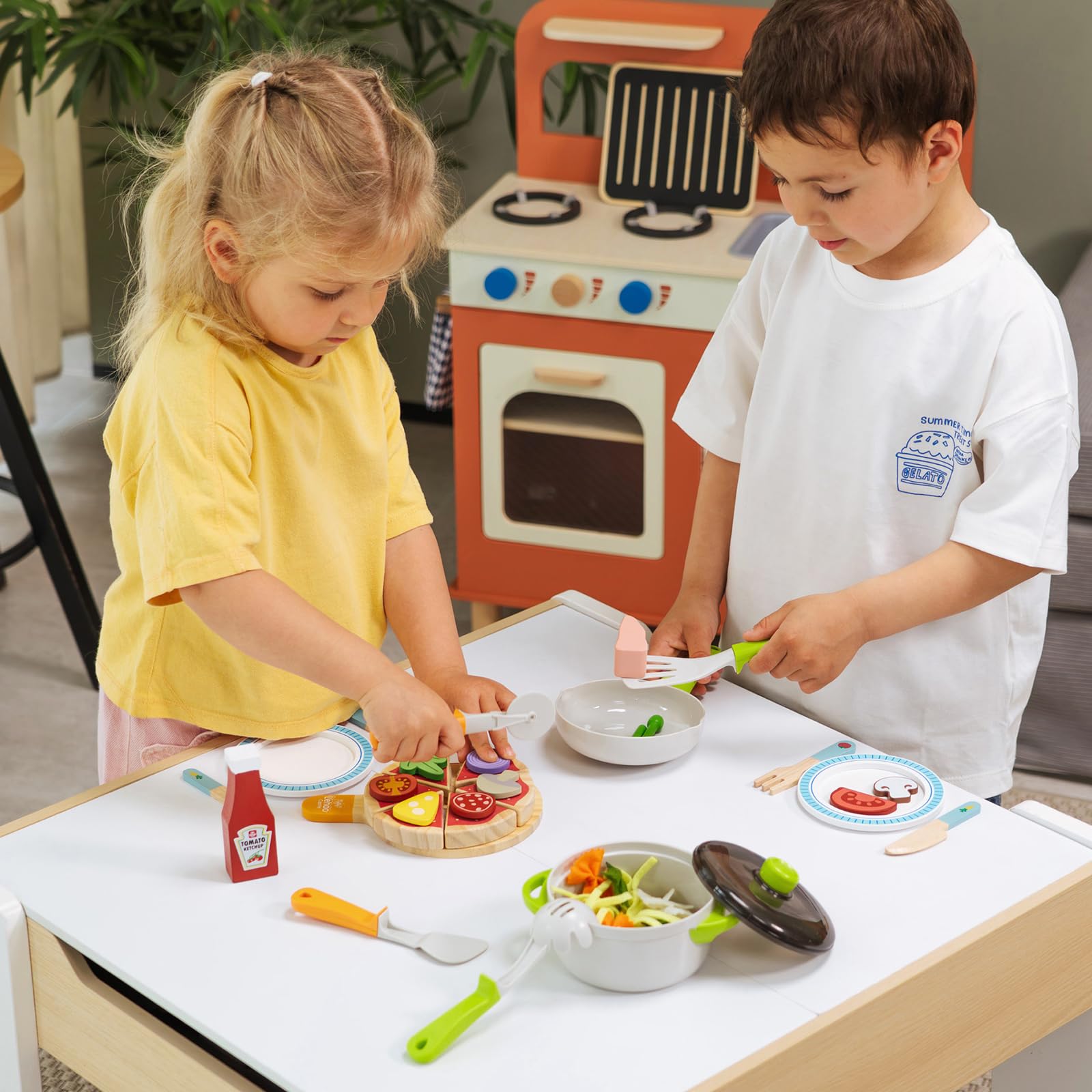 Lehoo Castle Comida Juguete Cocinita, Accesorios Cocina Juguetes, Pizza de Madera, Cocinita de Madera Infantil, Juguetes Niña 3 Años