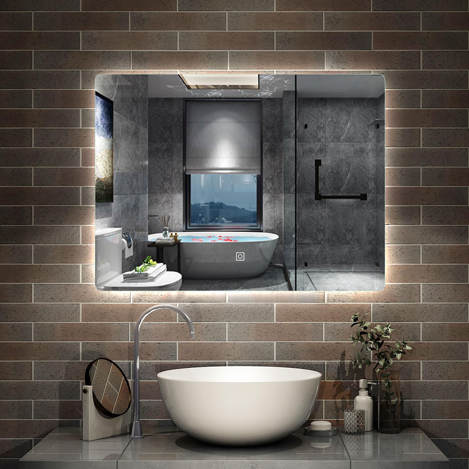 Aica Sanitär Badspiegel mit Beleuchtung 60×40cm Touch Wandschalter Kaltweiß dimmbar Memory-Funktion Badezimmerspiegel Spiegel Energiesparend Lichtspiegel IP44