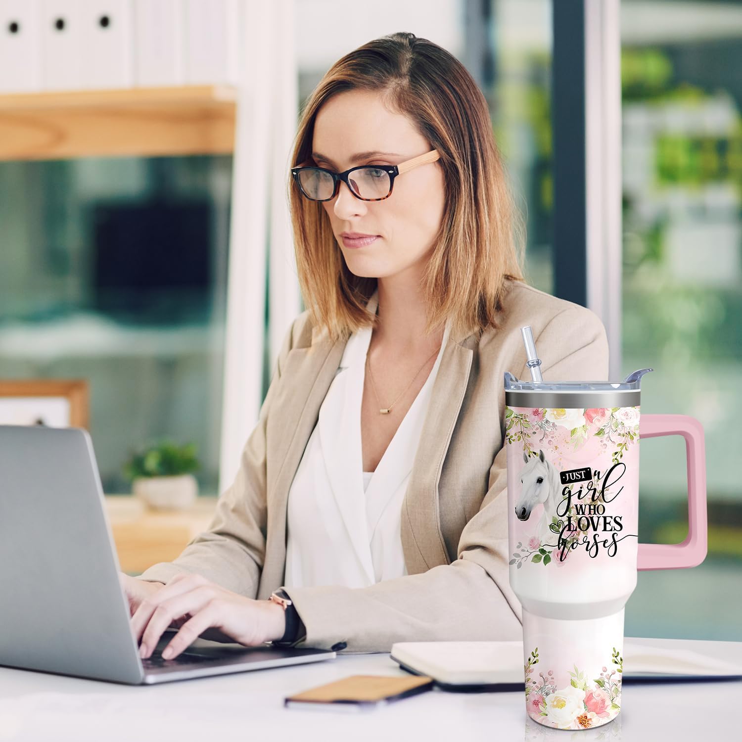 40oz Horse Stainless Steel Tumbler with Handle and Straw, Insulated Cup Travel Coffee Mug Water Bottle with Lid and Straw, Animal Lovers Women Gifts - Image 6