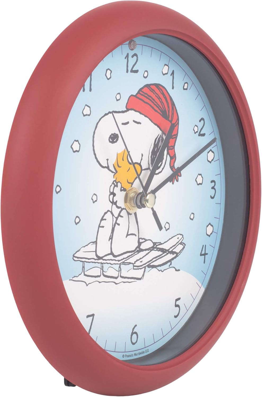 Mark Feldstein, Peanuts Snoopy on Sled Christmas Sound Clock, Red, 8 Inch