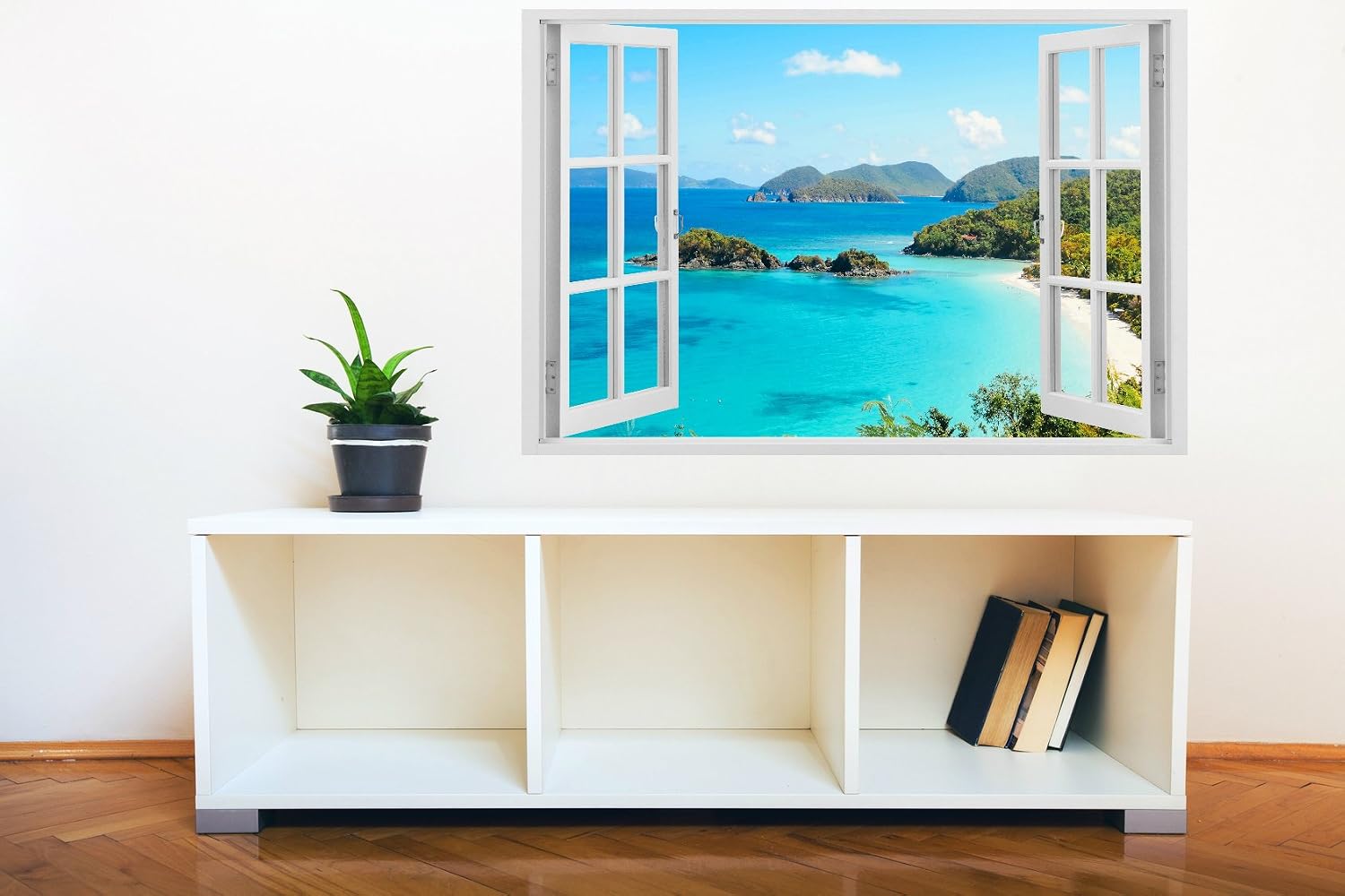 Mi Alma 3D Removable Vinyl Wall Mural Stickers White Window Frame Design – Wide Variety of Realistic Views – Easy to Apply Simply Peel & Stick – Incomparably Durable Wall Decals (Tropical Bay)