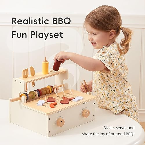 Miniatura 2 de OOOK Juego de parrilla de madera para niños, parrilla de juguete con 25 herramientas de comida y parrilla, accesorios de cocina para niños pequeños