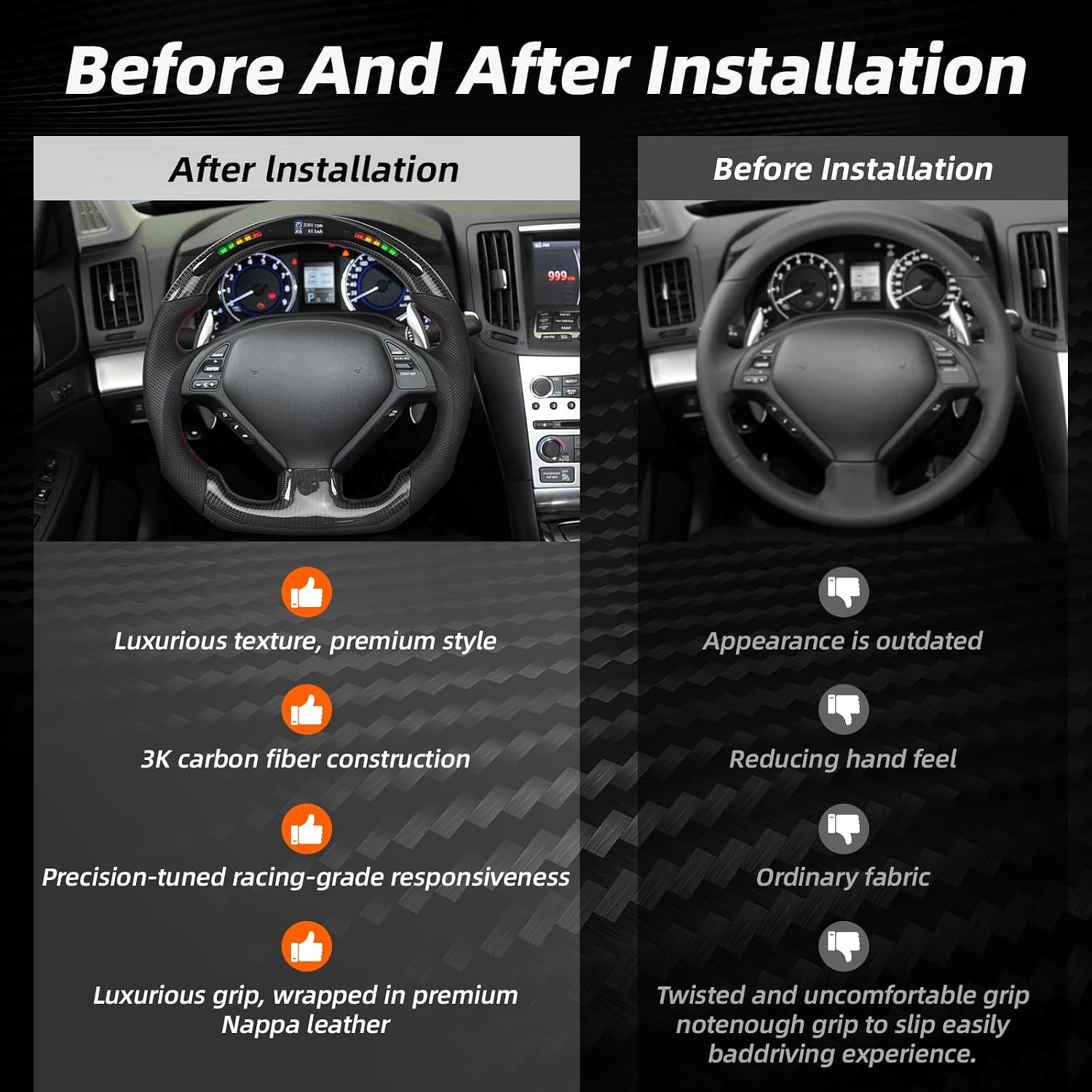 Real Carbon Fiber LED Steering Wheel for Infiniti 2007-2013 G37 G37X LED Display Indicator Perforated Leather Anti-Slip Steering Wheel D-shaped Flat Bottom